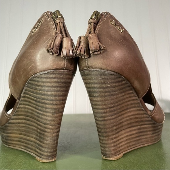 Chloe Stacked Heel Wedges w Peep Toes in Leather - Picture 4 of 13